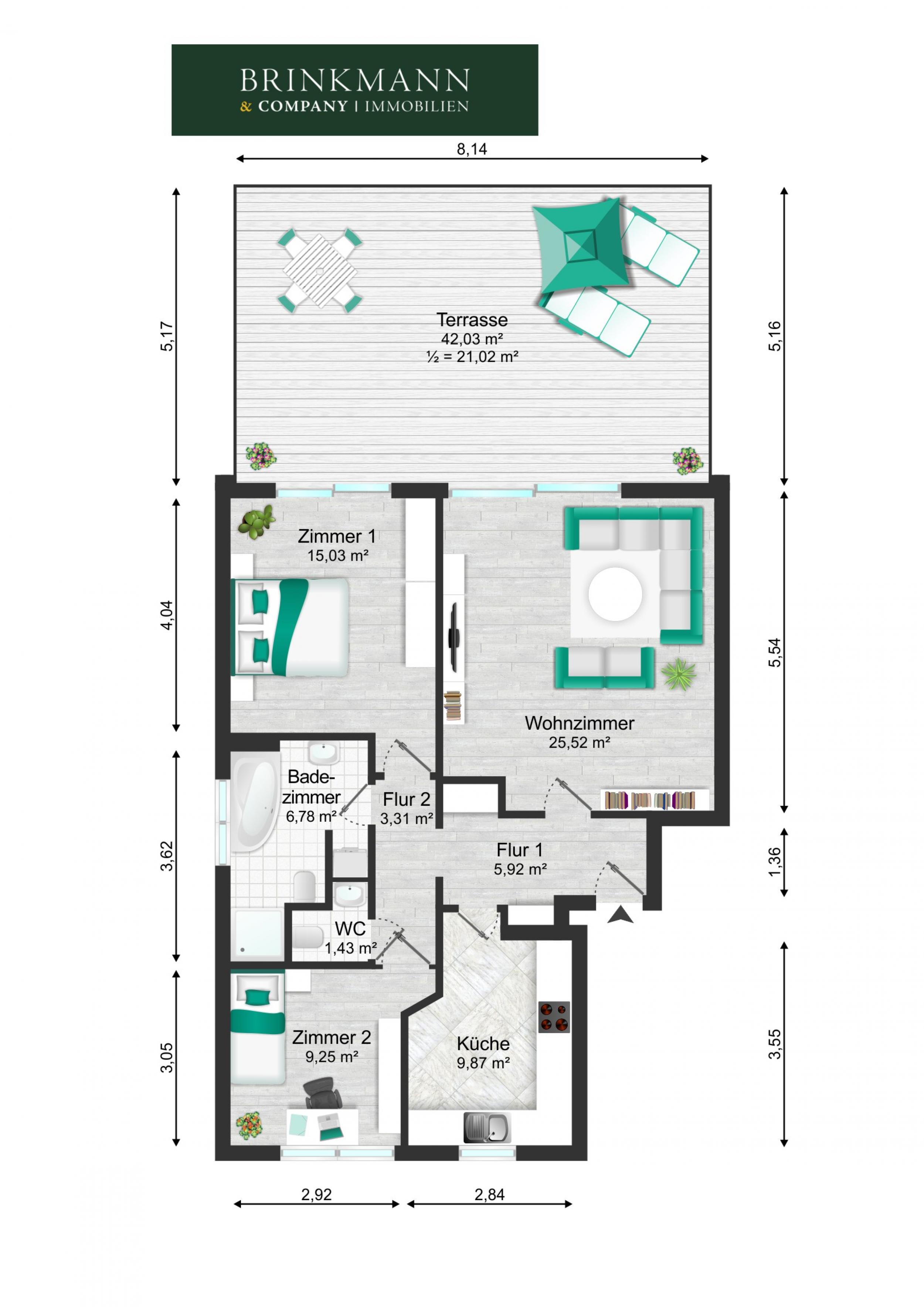 Burglesum - Attraktive Hochparterrewohnung mit großer Sonnenterrasse - Grundriss Wohnung Nr. 1