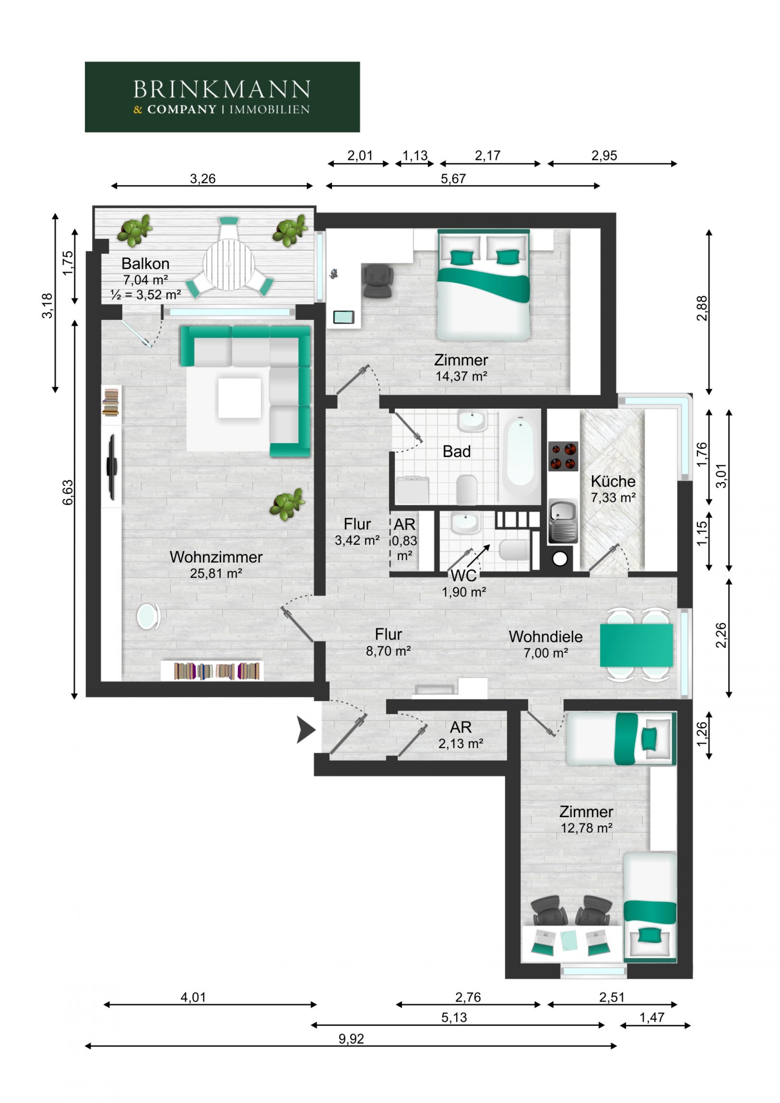 Langen - Moderne 3-Zimmerwohnung in beliebter Lage mit fantastischer Aussicht - Bemaßter Grundriss