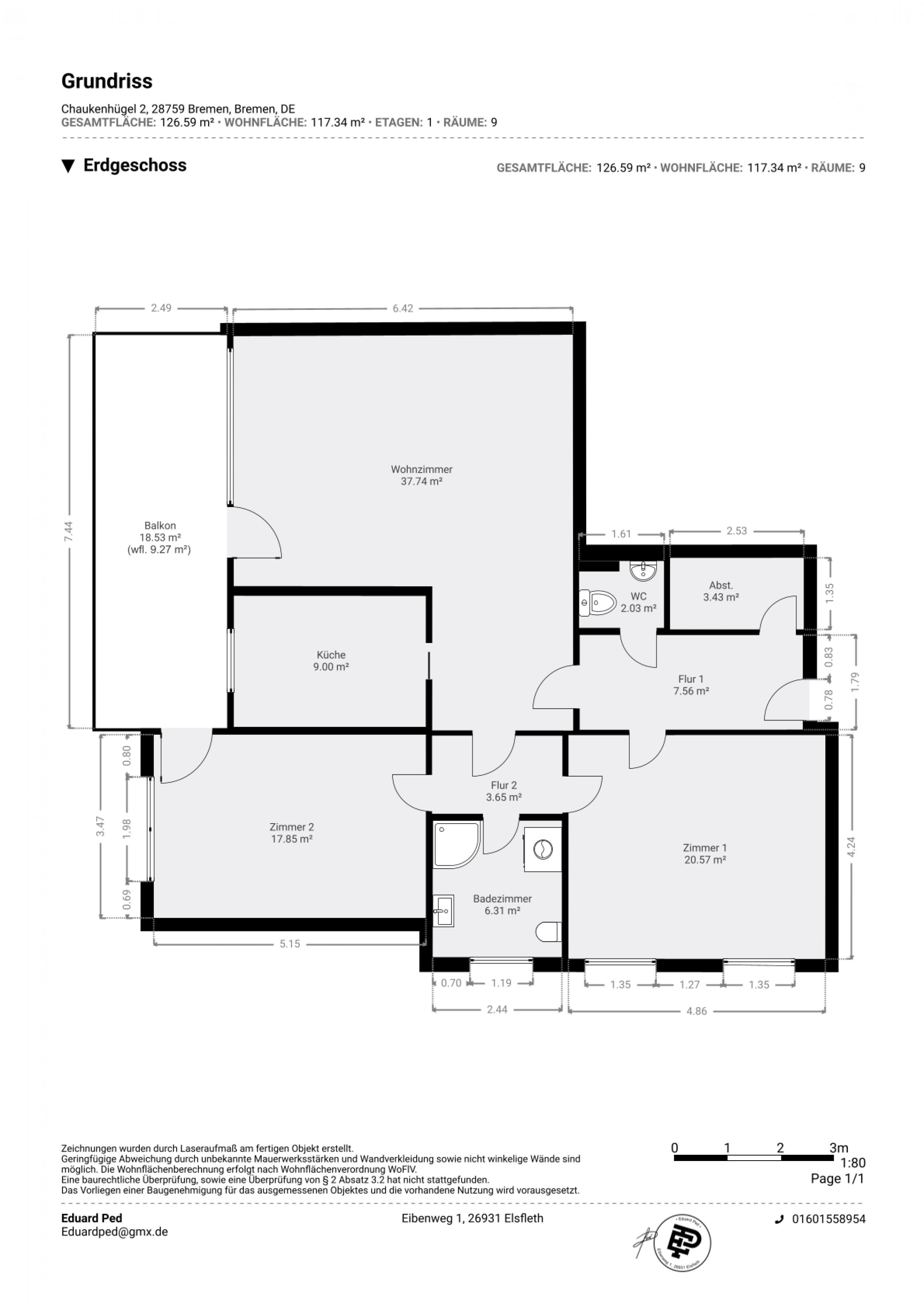 St.-Magnus - Gepflegte Hochparterrewohnung in Nähe zum Park - Chaukenhügel 2, bemaßter Grundriss 